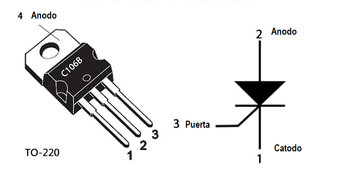 Símbolo esquemático del SCR y pinout TO-220