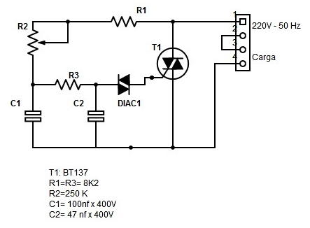 Circuito típico Triac + Diac para control de intensidad (dimmer)